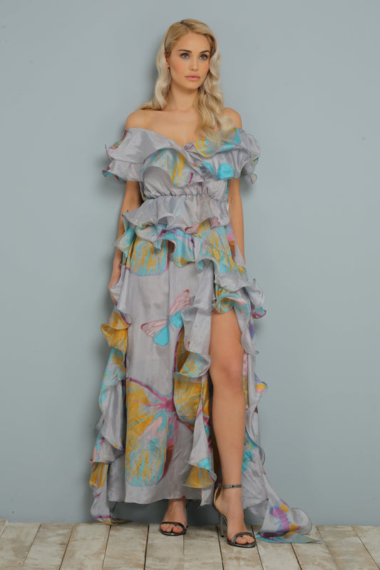 Schmetterlingsmuster Volant %100 Seidenkleid