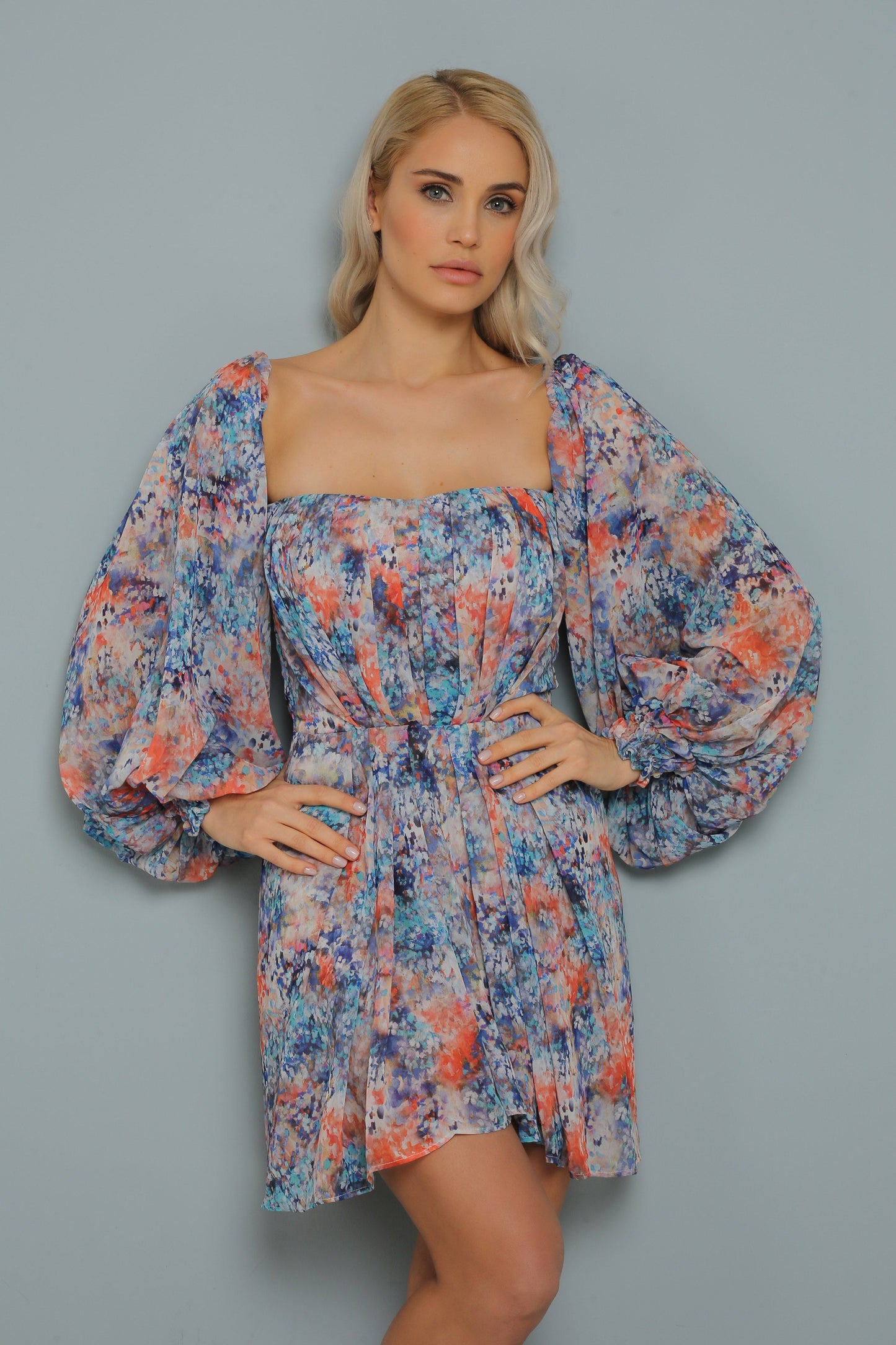 Ballonärmel Bunt Mini Kleid