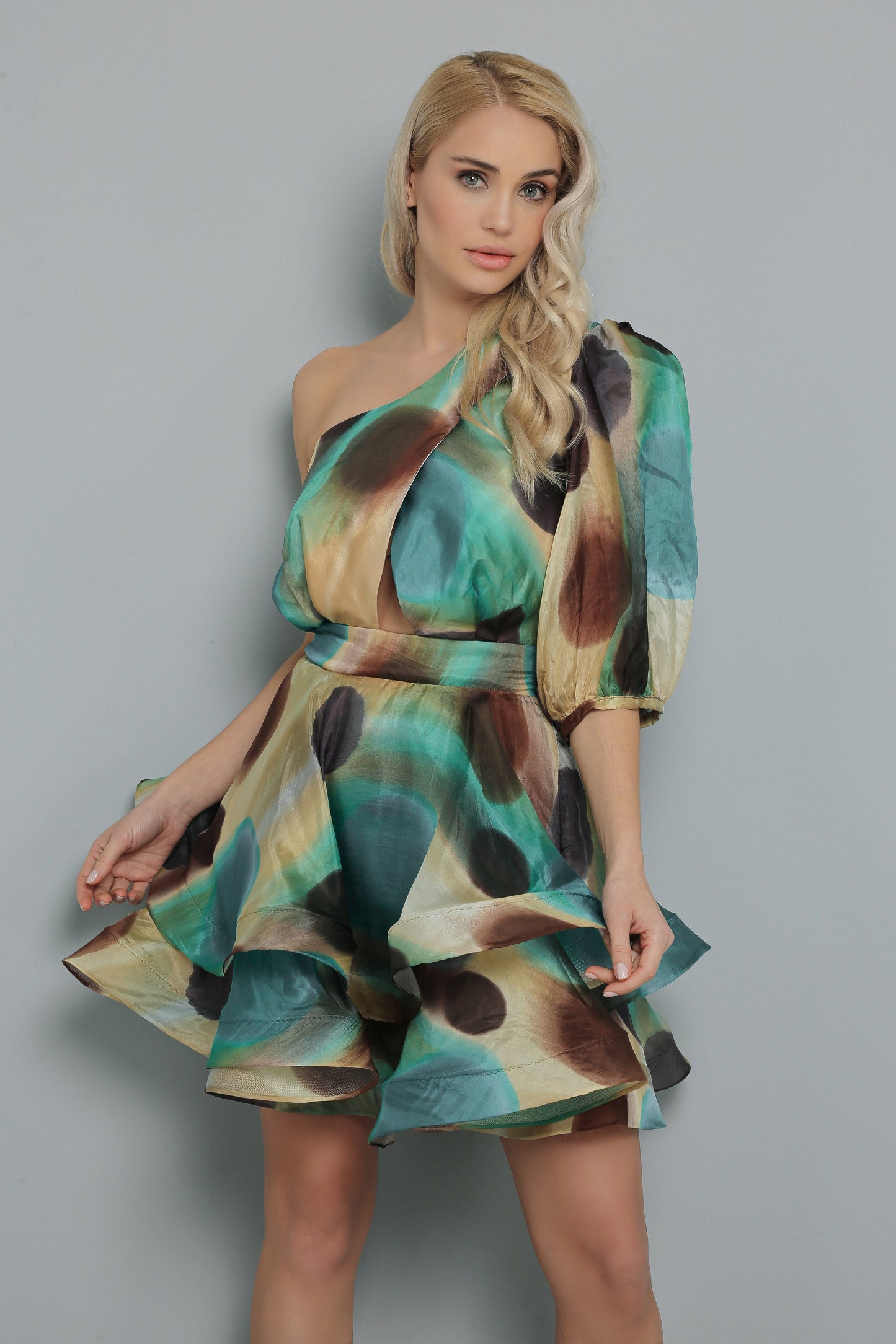 Geometric Patterned One-Sleeve Dress