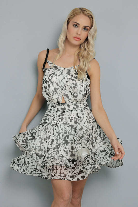 %100 Seide Schwarz Weiß Gemustertes Mini Kleid