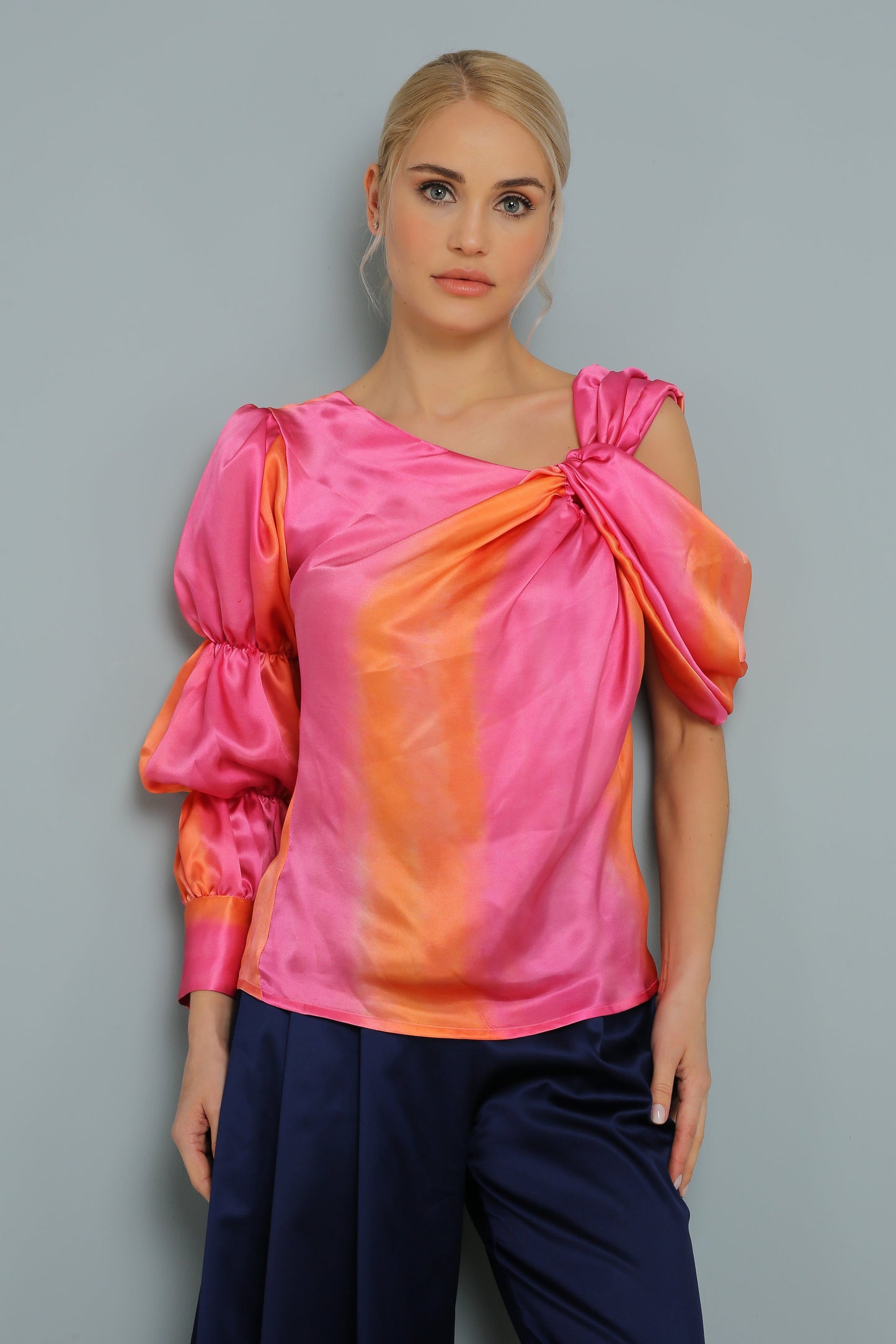 Turuncu Pembe %100 İpek Bluz