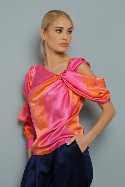 Orange Rosa %100 Seidenbluse