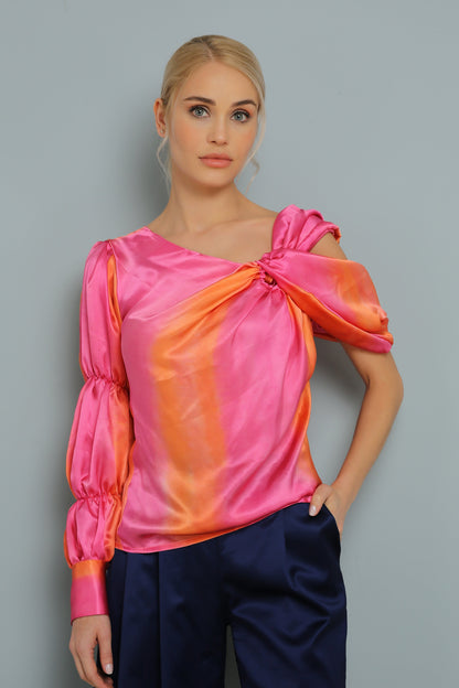 Turuncu Pembe %100 İpek Bluz