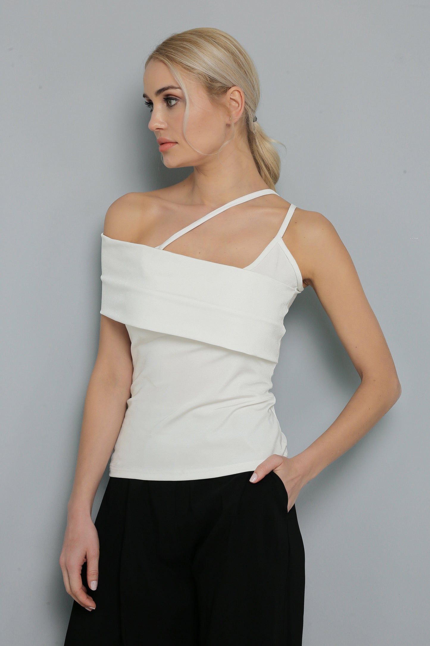 Asymmetrical Sleeve Detailed Strap Blouse