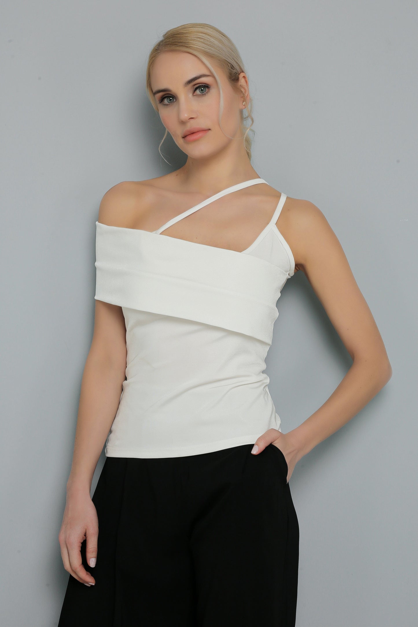 Asymmetrical Sleeve Detailed Strap Blouse
