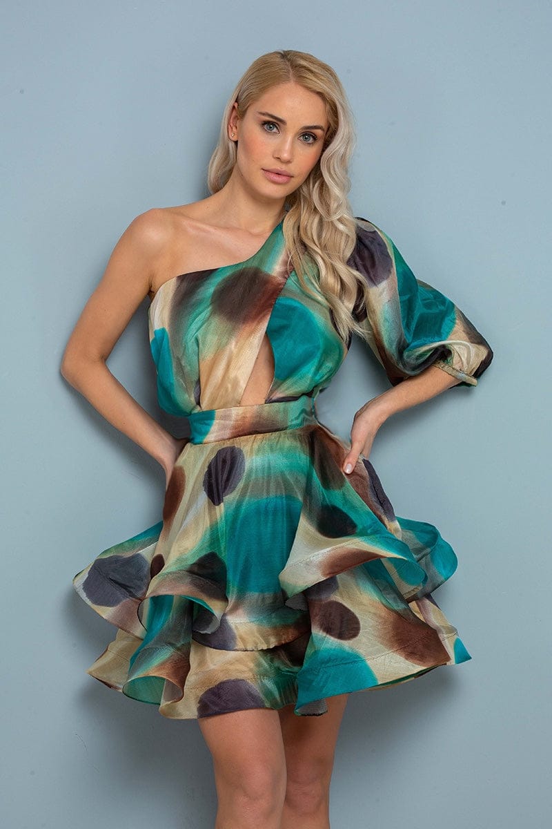 Geometric Patterned One-Sleeve Dress