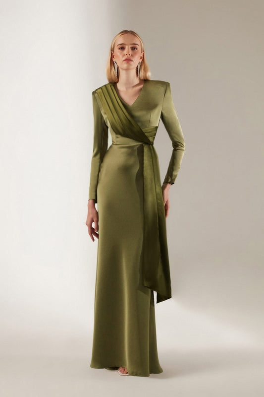 V-Ausschnitt Schal-Haki Abendkleid