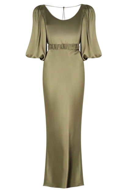 Haki Lange Ballonärmel Midi Kleid