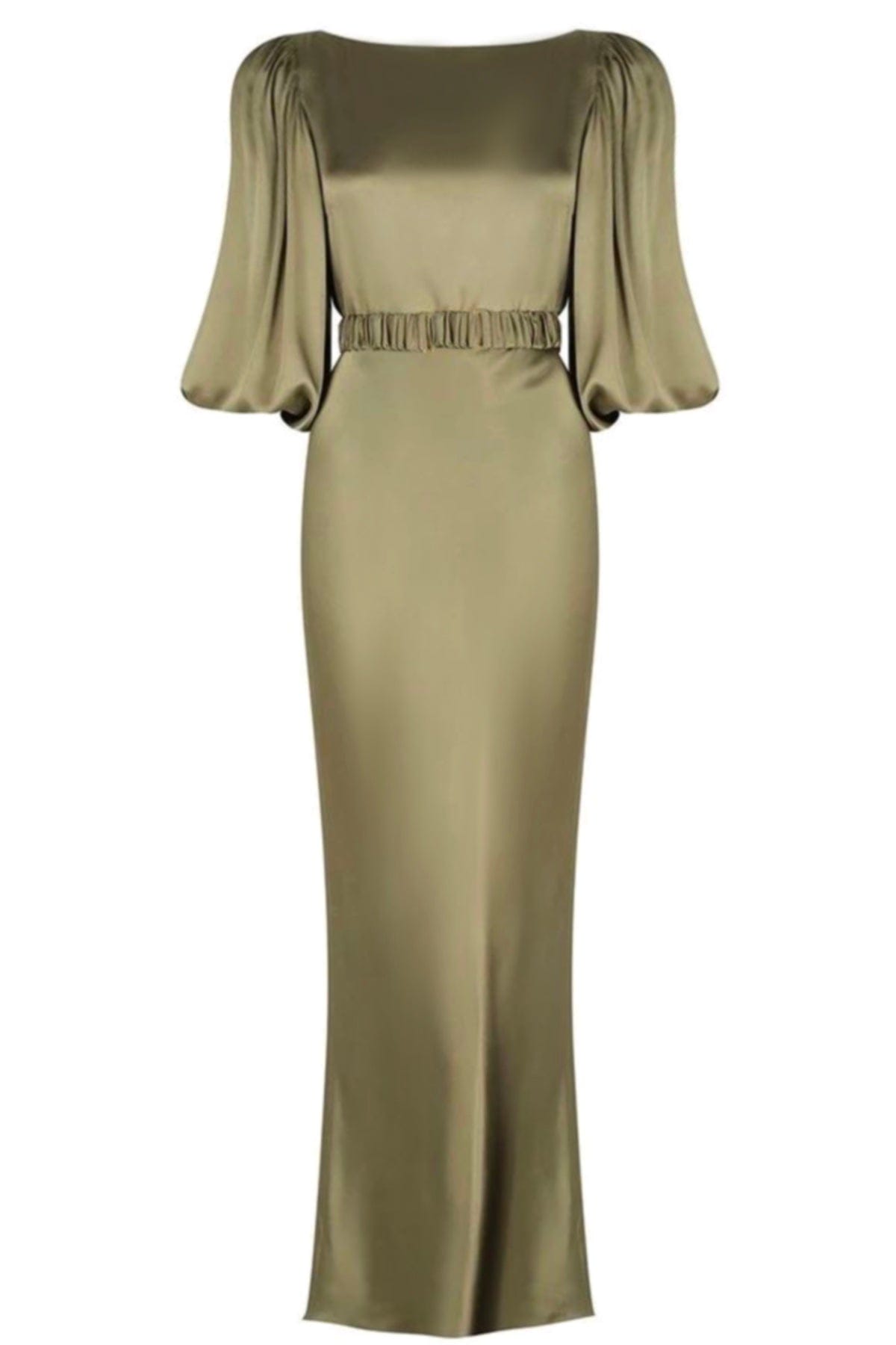 Haki Lange Ballonärmel Midi Kleid