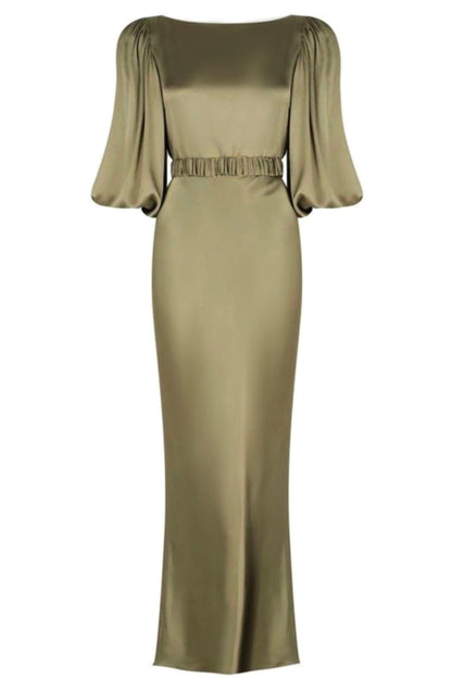 Haki Lange Ballonärmel Midi Kleid