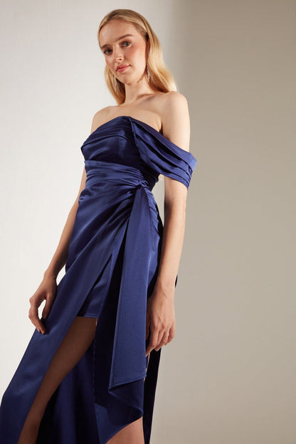 Sax Draped Asymmetrical Satin Dress