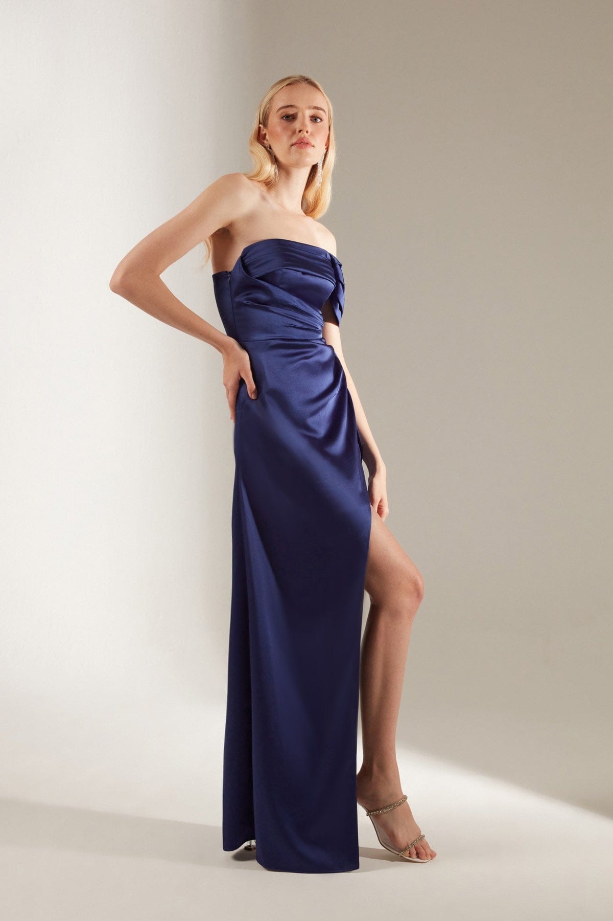 Sax Draped Asymmetrical Satin Dress