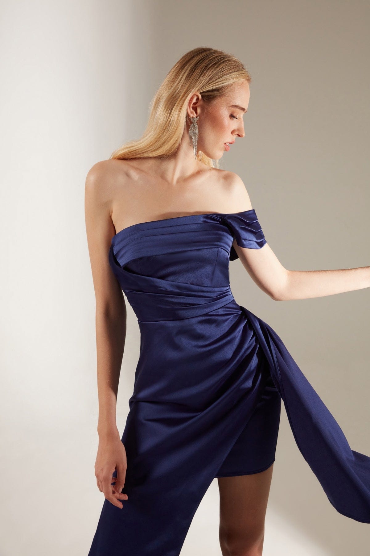 Sax Draped Asymmetrical Satin Dress