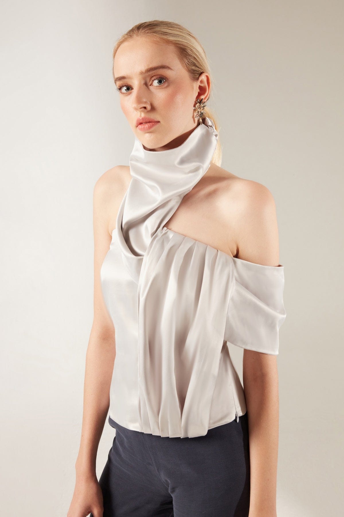 Gray Satin Collar Detailed Blouse