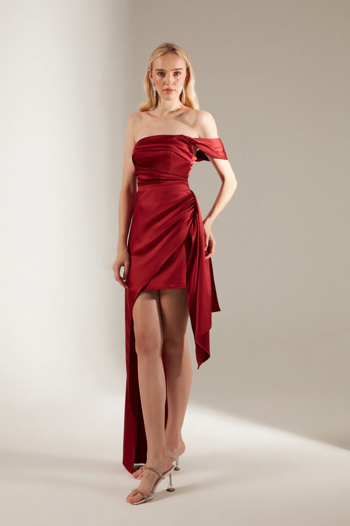 Dark Red Draped Asymmetrical Satin Dress