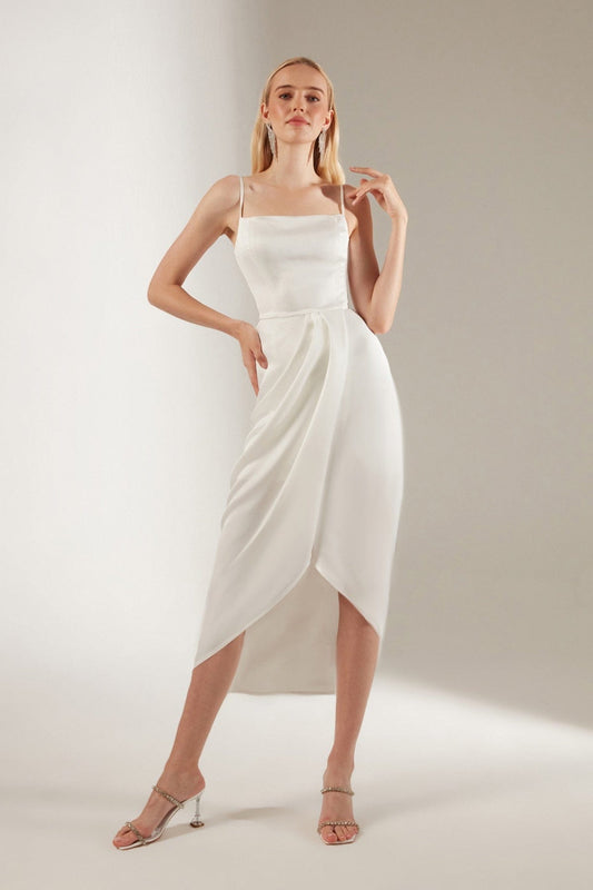 Draped Strap White Evening Dress