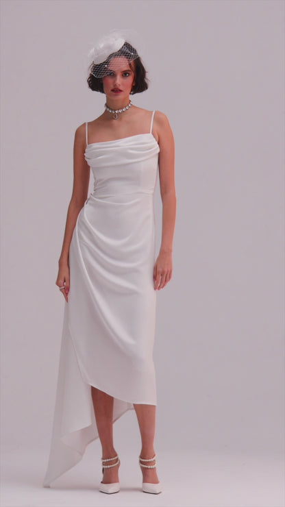 Violet White Satin Draped Strap Dress