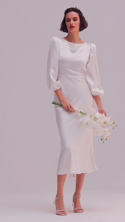 Weißes Langarm-Ballon-Midi-Kleid